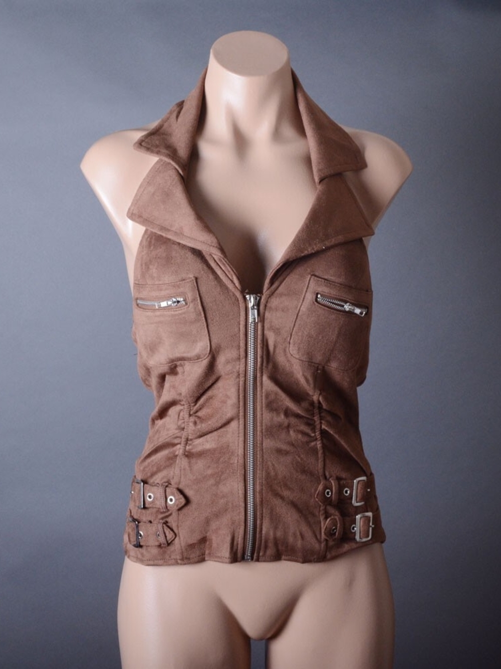 Brown Suede-Look Zip Front Women's Vest Jacket